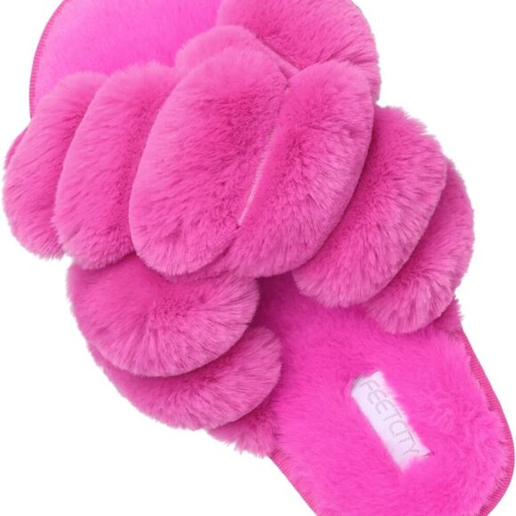 Shoes - Women's Faux Fur Open Toe Slippers Cozy Fluffy House Slides for All Season